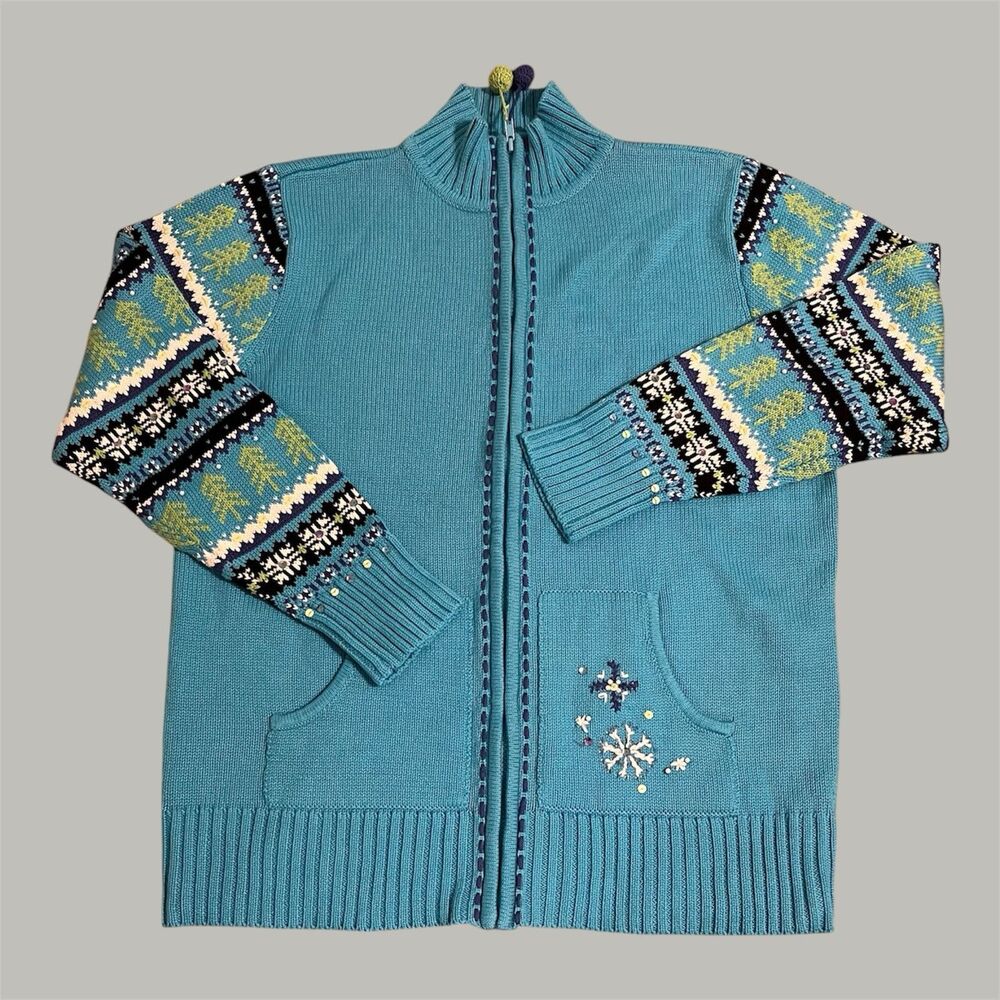 QUAKER FACTORY Large Knit Beaded Embroidered Cardigan Sweater Zipper Grannycore